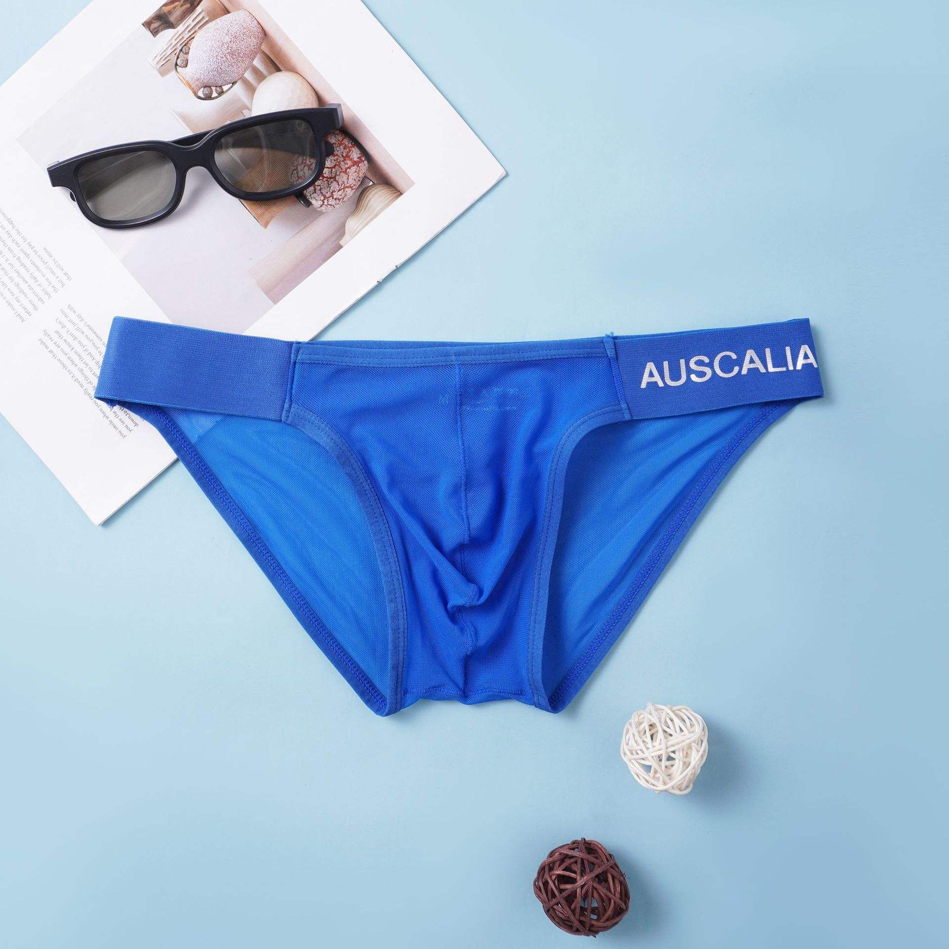 Mens Underwear Low Rise Mesh Fabric Pure Blue Color Breathable U Pouch Elastic Smooth Feel Thong Briefs