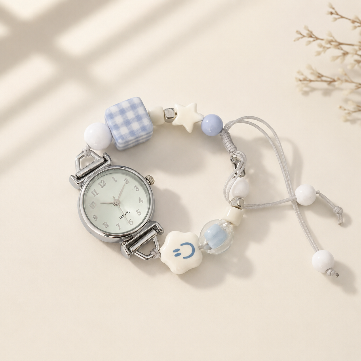 Cute Pastel Beaded Girls Quartz Watch – Stylish Bracelet Wrist Watch for Women & Girls