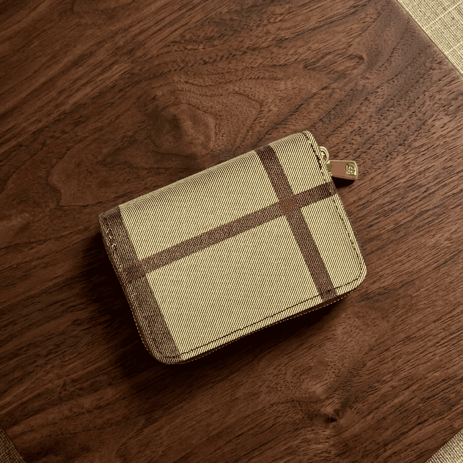 Beige Check Pattern Unisex Accordion Card Holder Wallet – 9 Card Slots, Zip Around Mini Wallet
