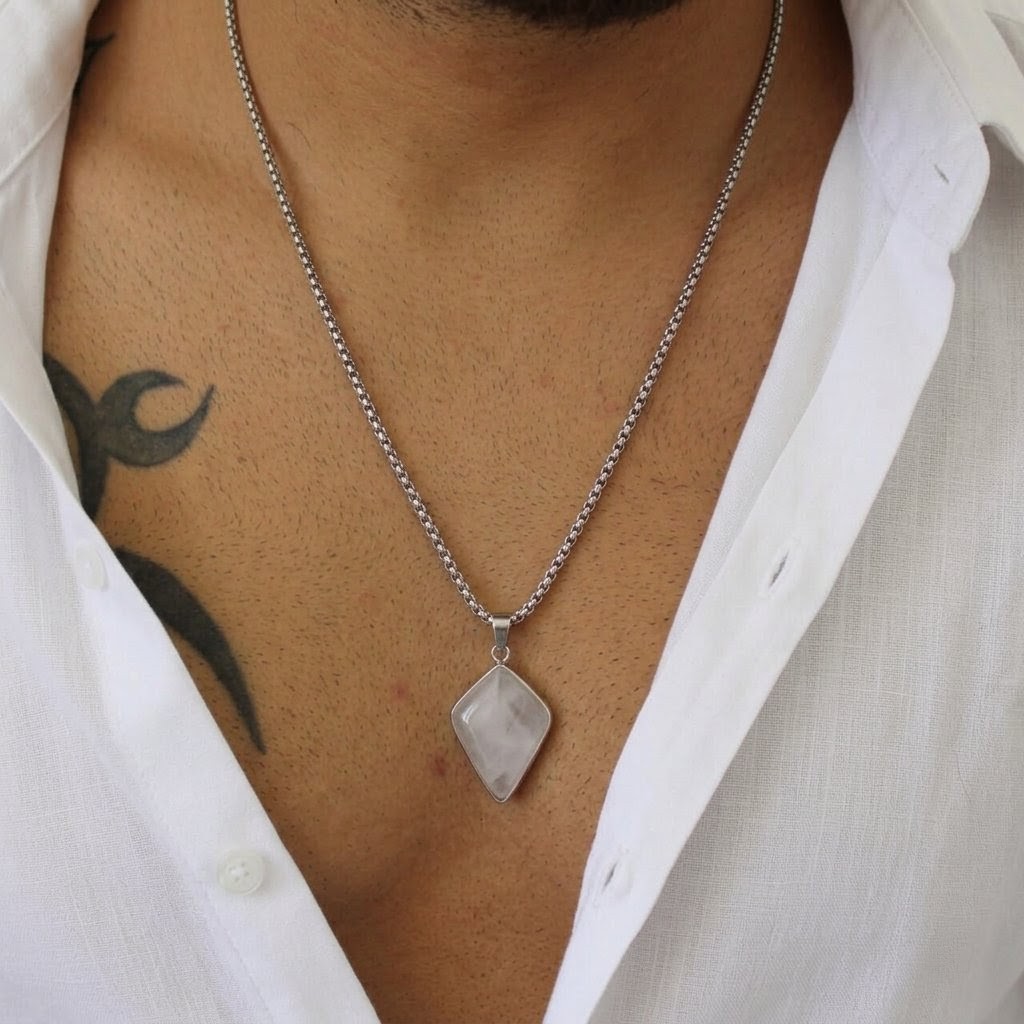 A modern diamond-shaped stone pendant necklace designed for men who prefer clean and minimalist jewelry. The sleek chain and elegant stone pendant add a stylish touch to both casual and formal outfits