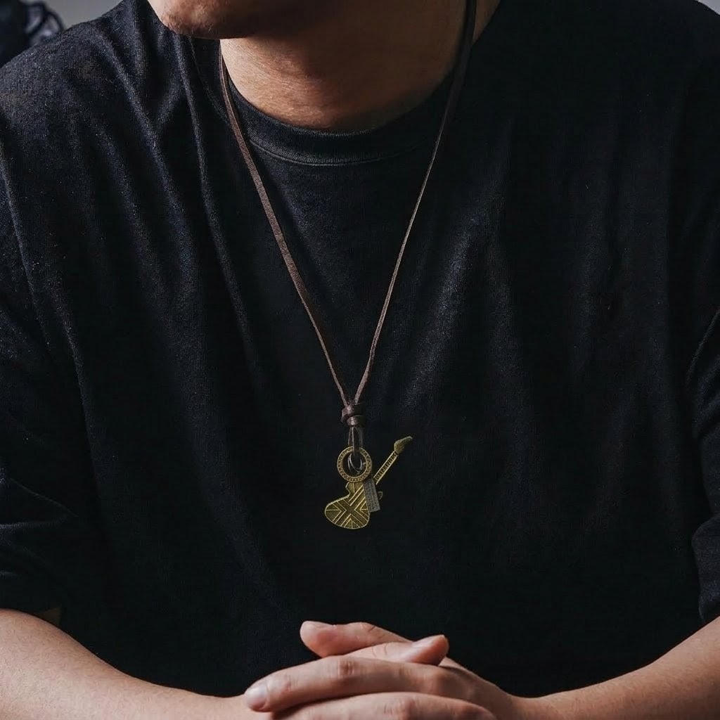 Men’s Guitar Pendant Necklace – Vintage Style Guitar Charm with Leather Cord Chain Fashion Necklace for Men & Boys