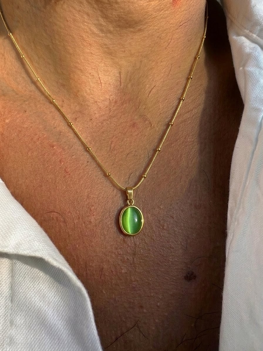 Men’s Green Stone Pendant Necklace – Gold Tone Oval Pendant Chain