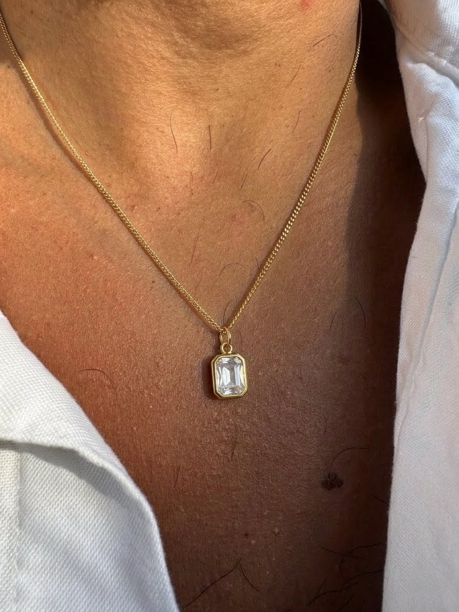 Men’s Gold Color Stone Pendant Necklace – Stylish Crystal Pendant Chain Fashion Jewelry for Men & Boys