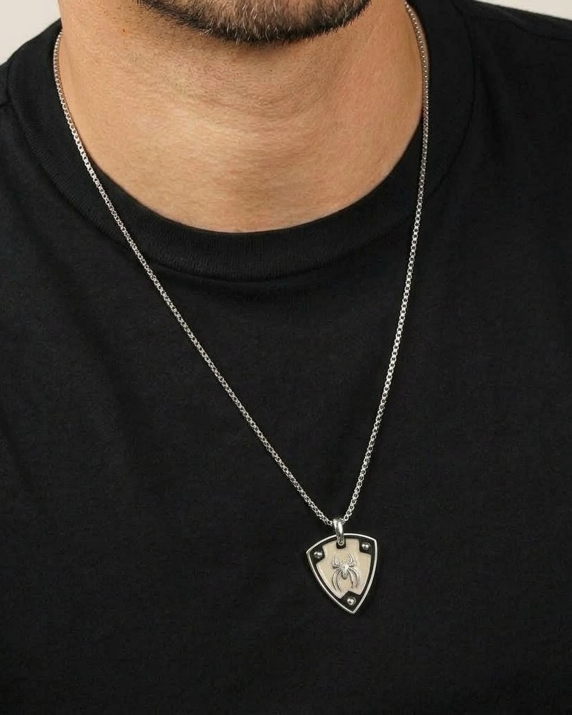 Spider Shield Pendant Necklace for Men – Stainless Steel Style Chain Necklace – Fashion Spider Locket Jewelry