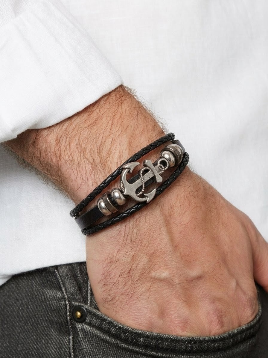 Men’s Anchor Leather Bracelet – Stainless Steel Clasp