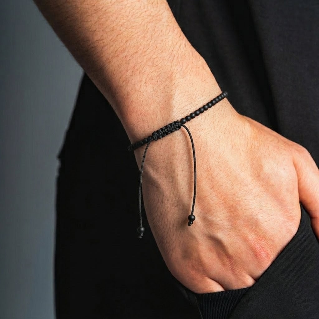 Minimalist Black Beaded Adjustable Bracelet for Men