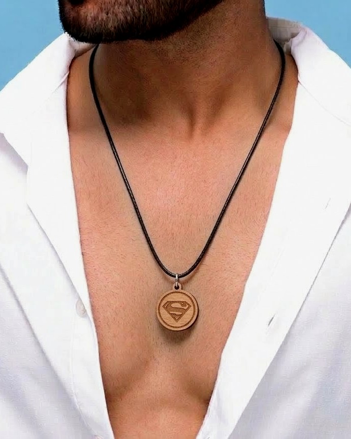 Men’s Superman Logo Pendant Necklace – Wooden Style Round Pendant with Black Cord Chain Fashion Jewelry for Men