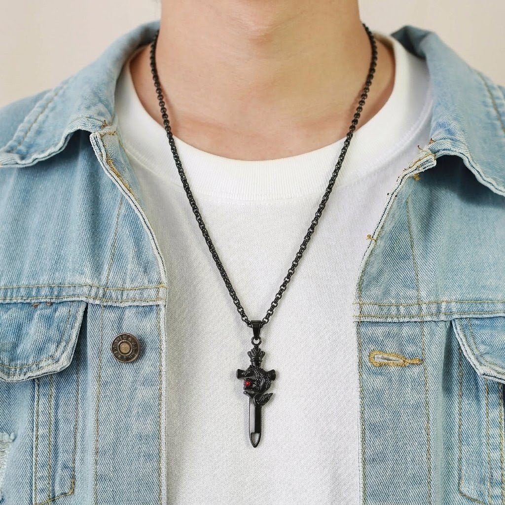 Black Sword Pendant Necklace for Men – Stainless Steel Chain Necklace – Gothic Style Sword Locket Jewelry
