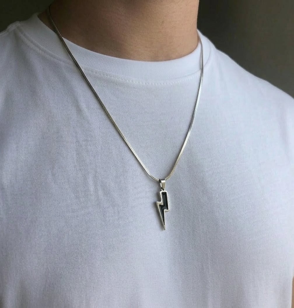 Lightning Bolt Pendant Necklace for Men – Stainless Steel Chain Necklace – Minimalist Thunder Bolt Jewelry